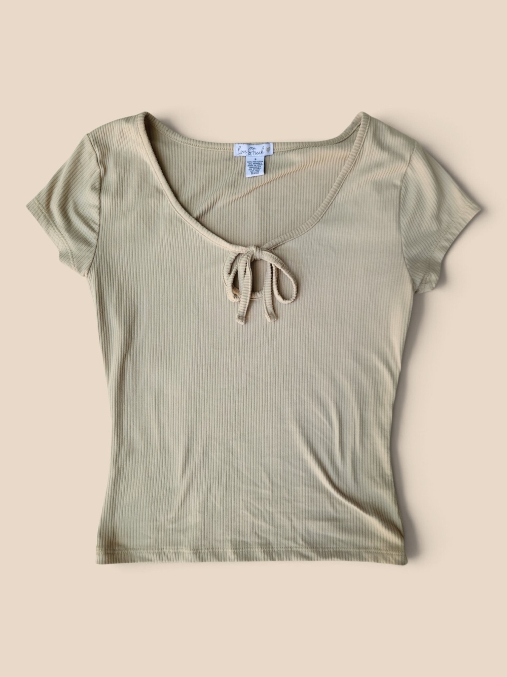 Love Streak Neutral Beige Ribbed Short Sleeve Tie-Front Tee Y2K Minimalist